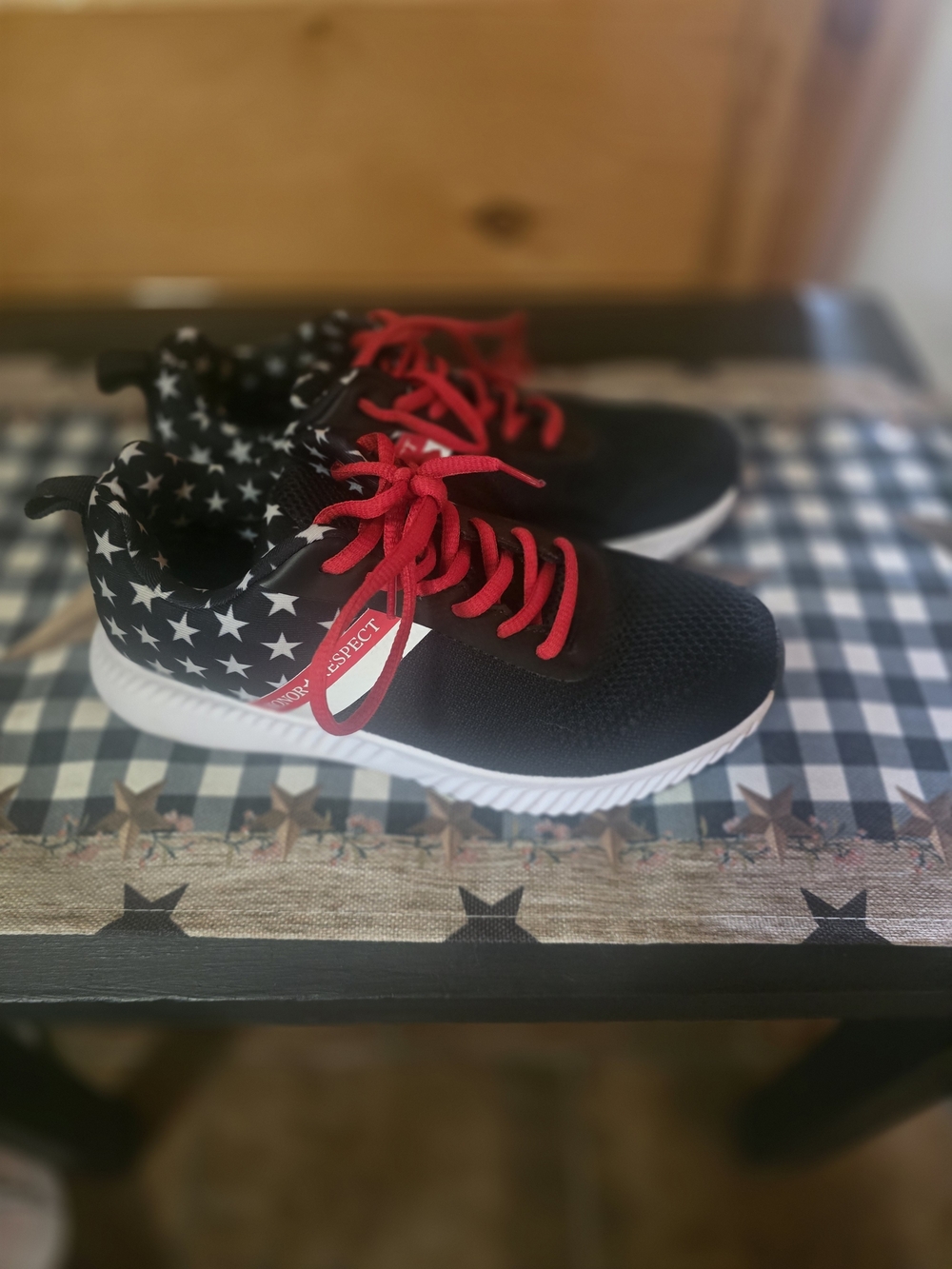 Womens Patriotic Sneakers with Red Laces and White Star Detail Honor And Respect